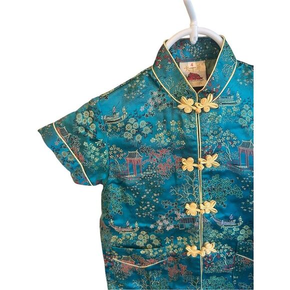 Kids Size 4 DACHUNG HWA Turquoise Silk Dragon Pajama Set Chinese Frog Buttons - Picture 12 of 12